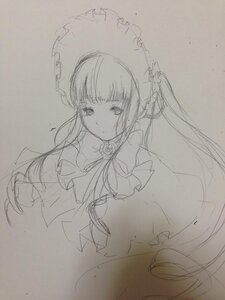 Rating: Safe Score: 0 Tags: 1girl bangs blush bow capelet closed_mouth dress eyebrows_visible_through_hair flower frills image long_hair long_sleeves looking_at_viewer monochrome photo rose shinku sketch solo traditional_media upper_body User: admin