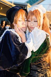 Rating: Safe Score: 0 Tags: 2girls blonde_hair blurry blurry_background closed_eyes depth_of_field dress eyelashes hat lips long_hair multiple_cosplay multiple_girls orange_hair sisters tagme User: admin