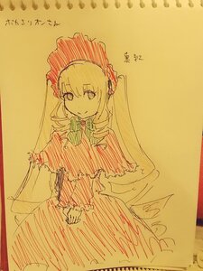 Rating: Safe Score: 0 Tags: 1girl bonnet dress drill_hair frills image long_hair long_sleeves looking_at_viewer monochrome shinku smile solo traditional_media User: admin