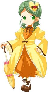 Rating: Safe Score: 0 Tags: 1girl bow closed_umbrella dress drill_hair frills full_body green_eyes green_hair hair_ornament image kanaria long_sleeves orange_dress shoes smile solo standing striped umbrella white_background yellow_dress User: admin