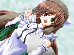 Rating: Safe Score: 0 Tags: 1girl :d apron artist_request brown_hair dress frills green_dress green_eyes hat head_scarf heterochromia image long_hair long_sleeves looking_at_viewer open_mouth red_eyes ribbon rozen_maiden smile solo suiseiseki very_long_hair User: admin