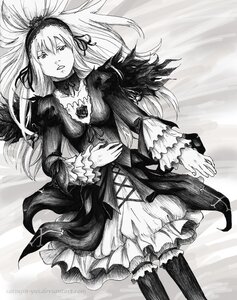 Rating: Safe Score: 0 Tags: 1girl auto_tagged dress frills greyscale hairband image long_hair long_sleeves looking_at_viewer monochrome ribbon solo suigintou User: admin