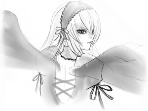 Rating: Safe Score: 0 Tags: 1girl closed_mouth detached_collar eyebrows_visible_through_hair greyscale hairband image long_hair looking_at_viewer monochrome ribbon simple_background solo suigintou upper_body white_background wings User: admin