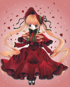Rating: Safe Score: 0 Tags: 1girl blonde_hair blue_eyes bonnet bow bowtie capelet dress full_body green_bow green_neckwear image long_hair long_sleeves looking_at_viewer petals red_dress shinku shoes solo standing twintails very_long_hair User: admin