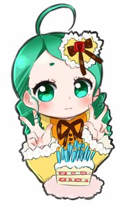 Rating: Safe Score: 0 Tags: 1girl ahoge blush cake closed_mouth crown double_v food green_eyes green_hair image kanaria long_sleeves looking_at_viewer simple_background solo striped upper_body v white_background User: admin