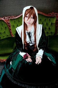 Rating: Safe Score: 0 Tags: 1girl brown_hair dress flower green_dress green_eyes lips lolita_fashion long_hair long_sleeves looking_at_viewer rose sitting solo suiseiseki User: admin