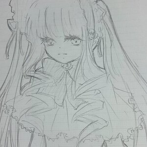 Rating: Safe Score: 0 Tags: 1girl bangs dress frills greyscale hair_ornament image long_hair looking_at_viewer monochrome shinku sketch solo traditional_media User: admin