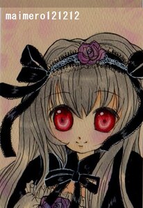 Rating: Safe Score: 0 Tags: 1girl black_ribbon bow character_name dress flower frills gothic_lolita hairband image lolita_fashion long_hair looking_at_viewer red_eyes red_rose ribbon rose silver_hair simple_background smile solo suigintou traditional_media User: admin