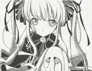 Rating: Safe Score: 0 Tags: 1girl capelet dress flower greyscale hair_ribbon image long_hair long_sleeves looking_at_viewer monochrome ribbon rose shinku sidelocks simple_background solo traditional_media twintails upper_body very_long_hair User: admin