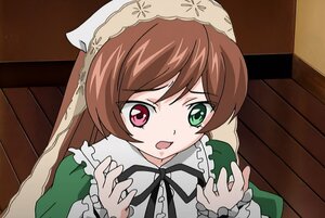 Rating: Safe Score: 0 Tags: 1girl brown_hair dress frills green_eyes heterochromia image long_hair long_sleeves looking_at_viewer open_mouth red_eyes ribbon solo suiseiseki User: admin