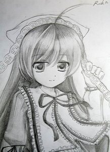 Rating: Safe Score: 0 Tags: 1girl chain closed_mouth dated eyebrows_visible_through_hair frills graphite_(medium) greyscale image long_hair long_sleeves looking_at_viewer monochrome ribbon signature smile solo suiseiseki traditional_media upper_body User: admin