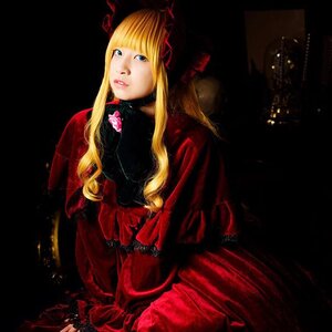 Rating: Safe Score: 0 Tags: 1girl bangs black_background blonde_hair blue_eyes dress flower lips long_hair looking_at_viewer red_dress shinku sitting solo User: admin