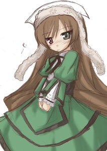 Rating: Safe Score: 0 Tags: 1girl brown_hair dress frills green_dress green_eyes image long_hair long_sleeves looking_at_viewer simple_background solo suiseiseki very_long_hair white_background User: admin