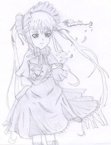 Rating: Safe Score: 0 Tags: 1girl bow bowtie dress frills image long_hair long_sleeves looking_at_viewer monochrome shinku simple_background solo standing twintails very_long_hair white_background User: admin