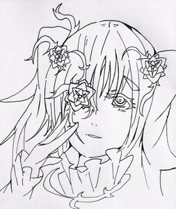 Rating: Safe Score: 0 Tags: 1girl bangs blush eyebrows_visible_through_hair flower greyscale hair_flower hair_ornament image kirakishou looking_at_viewer monochrome solo upper_body User: admin