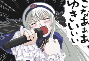 Rating: Safe Score: 3 Tags: 1girl black_wings blush clenched_hand closed_eyes dress emphasis_lines frills gothic_lolita hairband image lolita_fashion lolita_hairband long_hair long_sleeves microphone music open_mouth rose route_36 rozen_maiden silver_hair singing solo speech_bubble suigintou tears upper_body wings User: admin