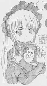 Rating: Safe Score: 0 Tags: 1girl dress frills greyscale holding image long_hair long_sleeves looking_at_viewer monochrome shinku smile solo stuffed_animal upper_body User: admin