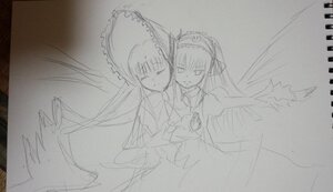 Rating: Safe Score: 0 Tags: 2girls akemi_homura bow dress greyscale hairband holding_hands image long_hair long_sleeves looking_at_viewer monochrome multiple_girls pair shinku simple_background sketch suigintou traditional_media wings User: admin