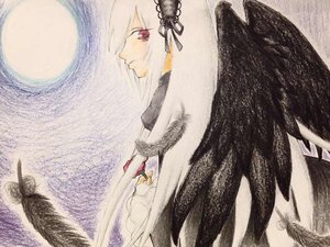 Rating: Safe Score: 0 Tags: 1girl black_wings dress feathered_wings feathers flower frills hairband image long_hair long_sleeves looking_at_viewer red_eyes rose solo suigintou very_long_hair white_hair wings User: admin