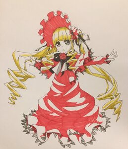 Rating: Safe Score: 0 Tags: 1girl bangs blonde_hair bonnet bow dress drill_hair flower frills full_body image long_hair long_sleeves looking_at_viewer red_dress red_flower rose shinku simple_background solo traditional_media twintails User: admin