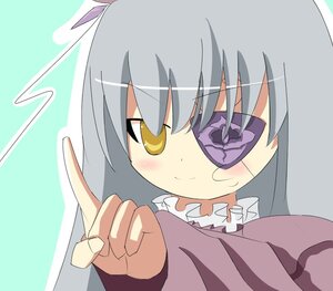 Rating: Safe Score: 0 Tags: 1girl auto_tagged barasuishou blush dress eyebrows_visible_through_hair eyepatch image index_finger_raised long_sleeves looking_at_viewer pointing ribbon smile solo yellow_eyes User: admin