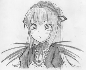 Rating: Safe Score: 0 Tags: 1girl bangs blush dress eyebrows_visible_through_hair greyscale hair_ribbon image long_hair looking_at_viewer monochrome parted_lips ribbon simple_background solo suigintou traditional_media upper_body white_background User: admin