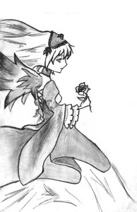 Rating: Safe Score: 0 Tags: 1girl bare_shoulders dress flower frills greyscale hairband image long_hair long_sleeves monochrome profile rose solo standing suigintou wings User: admin