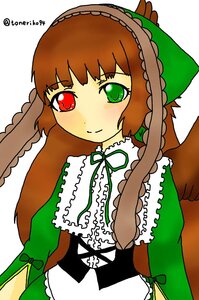 Rating: Safe Score: 0 Tags: 1girl bangs braid brown_hair dress frills green_dress green_eyes heterochromia image long_hair long_sleeves looking_at_viewer red_eyes ribbon simple_background solo suiseiseki upper_body white_background User: admin