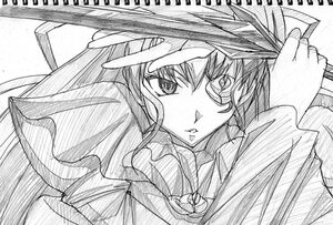Rating: Safe Score: 0 Tags: 1girl barasuishou greyscale hat image looking_at_viewer monochrome ribbon solo traditional_media upper_body white_background User: admin