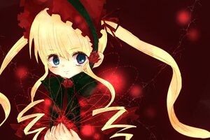 Rating: Safe Score: 0 Tags: 1girl blonde_hair blue_eyes bow bowtie dress flower image long_hair long_sleeves looking_at_viewer red_dress shinku solo twintails User: admin