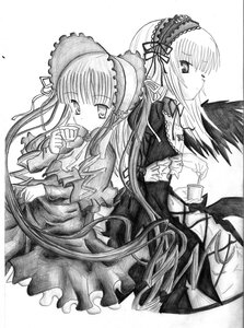 Rating: Safe Score: 0 Tags: 2girls bonnet cup dress frills greyscale hairband image long_hair long_sleeves looking_at_viewer monochrome multiple_girls pair shinku simple_background suigintou tea teacup traditional_media white_background wings User: admin