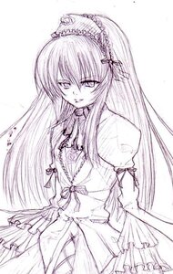 Rating: Safe Score: 0 Tags: 1girl dress frills hairband image long_hair long_sleeves looking_at_viewer monochrome simple_background smile solo suigintou User: admin