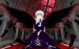 Rating: Safe Score: 0 Tags: 1girl black_wings dress feathers flower frills hairband image long_hair long_sleeves red_eyes rose silver_hair solo suigintou wings User: admin