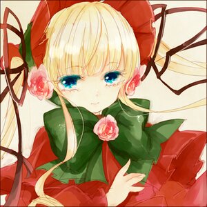 Rating: Safe Score: 0 Tags: 1girl blonde_hair blue_eyes bow bowtie dress flower green_bow image long_hair long_sleeves looking_at_viewer ribbon rose shinku solo twintails User: admin