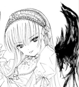 Rating: Safe Score: 0 Tags: 1girl bangs blush dress eyebrows_visible_through_hair frills greyscale hairband image jewelry long_hair long_sleeves looking_at_viewer monochrome ribbon simple_background solo suigintou upper_body white_background wings User: admin