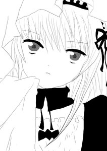 Rating: Safe Score: 0 Tags: 1girl auto_tagged blush bow bowtie close-up greyscale hat image long_sleeves looking_at_viewer monochrome ribbon simple_background solo suigintou upper_body white_background User: admin