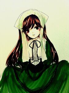 Rating: Safe Score: 0 Tags: 1girl bangs brown_hair closed_mouth dress frills green_dress green_eyes head_scarf heterochromia image long_hair long_sleeves looking_at_viewer red_eyes simple_background sitting solo suiseiseki very_long_hair User: admin