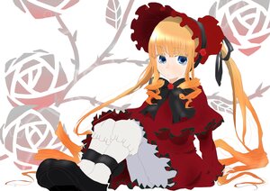 Rating: Safe Score: 0 Tags: 1girl bangs blonde_hair bloomers blue_eyes blush bonnet bow bowtie dress flower frills image long_hair long_sleeves looking_at_viewer red_dress rose shinku sitting solo twintails underwear User: admin