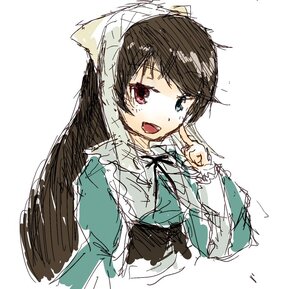 Rating: Safe Score: 0 Tags: 1girl :d bangs bow brown_hair dress eyebrows_visible_through_hair green_dress hand_up heterochromia image index_finger_raised long_hair long_sleeves looking_at_viewer open_mouth red_eyes simple_background sketch smile solo suiseiseki upper_body white_background User: admin