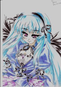 Rating: Safe Score: 0 Tags: 1girl black_wings blush breasts colored_pencil_(medium) dress feathers frills hairband image long_hair long_sleeves looking_at_viewer marker_(medium) pink_eyes puffy_sleeves ribbon shikishi signature simple_background smile solo suigintou traditional_media watercolor_(medium) wings User: admin