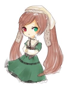 Rating: Safe Score: 0 Tags: 1girl brown_hair dress frills green_dress green_eyes heterochromia image long_hair long_sleeves looking_at_viewer red_eyes simple_background solo suiseiseki twintails very_long_hair white_background User: admin