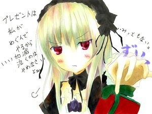 Rating: Safe Score: 0 Tags: 1girl black_ribbon blonde_hair blush bow detached_collar dress flower hairband image long_hair long_sleeves looking_at_viewer red_eyes ribbon rose simple_background solo suigintou text_focus traditional_media upper_body white_background User: admin