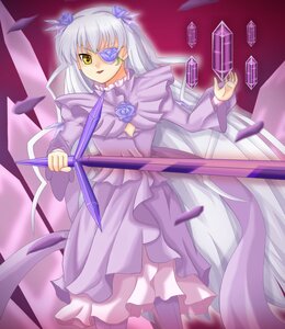 Rating: Safe Score: 0 Tags: 1girl barasuishou dress eyepatch flower frills image long_hair long_sleeves purple_flower purple_rose ribbon rose silver_hair solo very_long_hair yellow_eyes User: admin