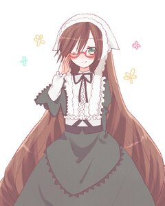 Rating: Safe Score: 0 Tags: 1girl bespectacled blush brown_hair dress frills glasses green_eyes image lolita_fashion long_hair long_sleeves looking_at_viewer one_eye_closed smile solo striped suiseiseki very_long_hair User: admin