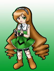 Rating: Safe Score: 0 Tags: 1girl boots brown_footwear brown_hair dress full_body gloves green_background green_eyes heterochromia image long_hair open_mouth red_eyes ribbon sleeveless solo standing suiseiseki very_long_hair User: admin