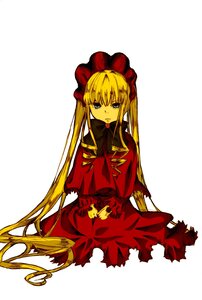 Rating: Safe Score: 0 Tags: 1girl blonde_hair blue_eyes bonnet bow bowtie capelet dress full_body image long_hair long_sleeves looking_at_viewer red_dress shinku simple_background sitting solo twintails very_long_hair white_background User: admin