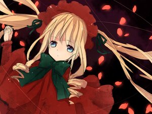 Rating: Safe Score: 0 Tags: 1girl auto_tagged blonde_hair blue_eyes bow bowtie capelet dress flower green_bow green_neckwear image long_hair long_sleeves looking_at_viewer petals rose_petals shinku solo twintails User: admin