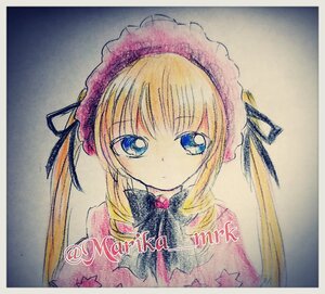 Rating: Safe Score: 0 Tags: 1girl bangs blonde_hair blue_eyes bonnet bow bowtie eyebrows_visible_through_hair image long_hair looking_at_viewer photo ribbon shikishi shinku simple_background solo traditional_media twintails User: admin