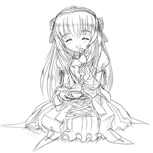 Rating: Safe Score: 0 Tags: 1girl :d auto_tagged blush closed_eyes cup dress eating food greyscale hairband image long_hair long_sleeves monochrome open_mouth ribbon simple_background sitting smile solo suigintou tea teacup very_long_hair white_background User: admin