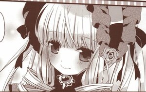 Rating: Safe Score: 0 Tags: 1girl bangs blush cup drill_hair eyebrows_visible_through_hair flower hat image long_hair looking_at_viewer monochrome ribbon rose shinku smile solo teacup traditional_media User: admin